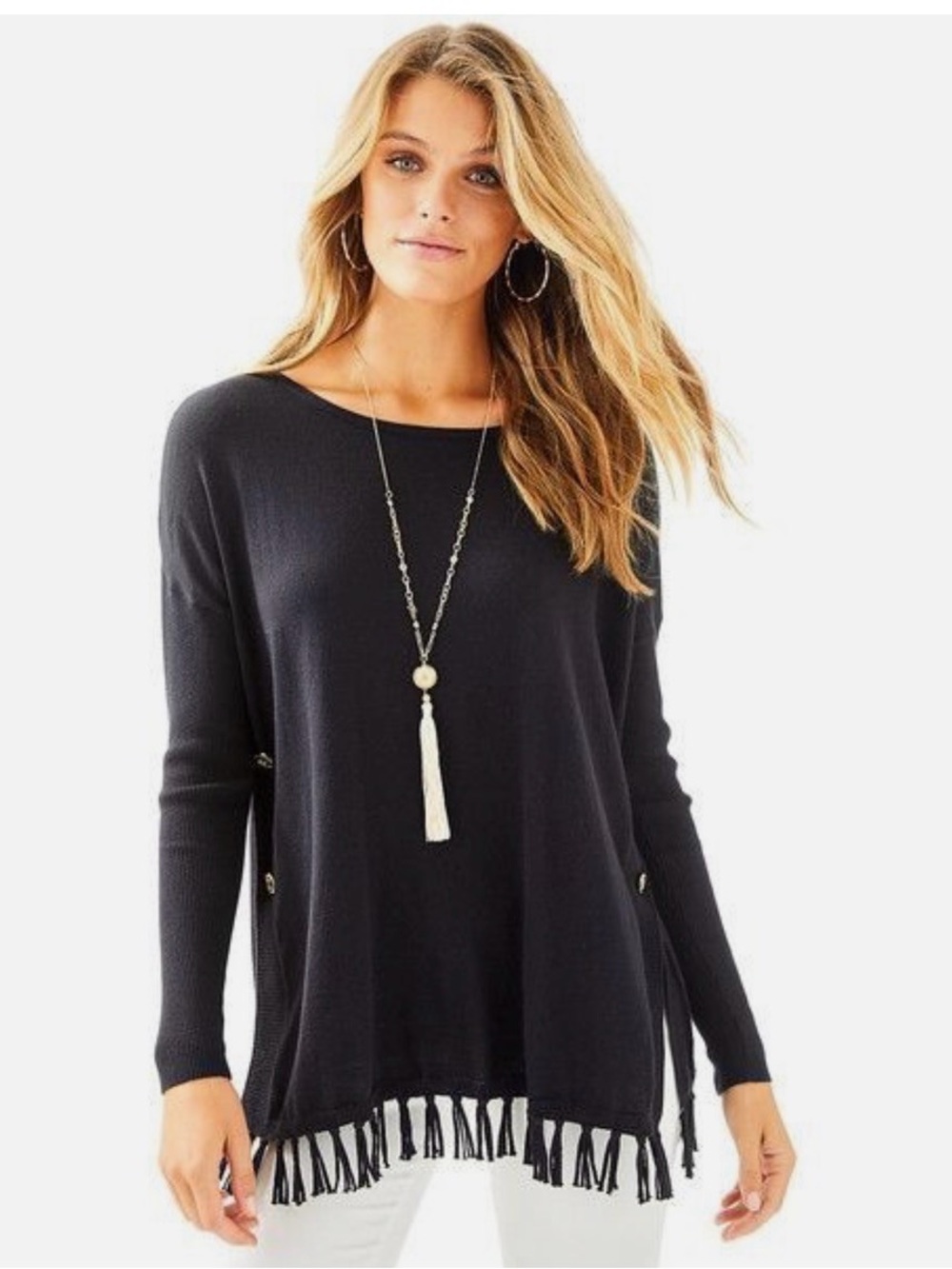 Lilly Pulitzer Black Fringe Hem Gold Button Sweater Tunic M